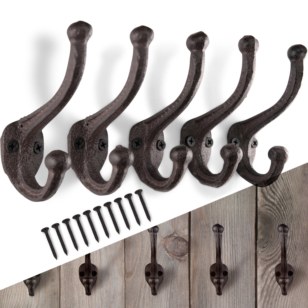 Rustic Cast Iron Coat Hooks (5 Pack) Wall Mounted Farmhouse Decorative Wall Hooks, Vintage Hooks for Hanging Coats, Bags, Hats, Towels (Antique Black, Mounting Hardware)