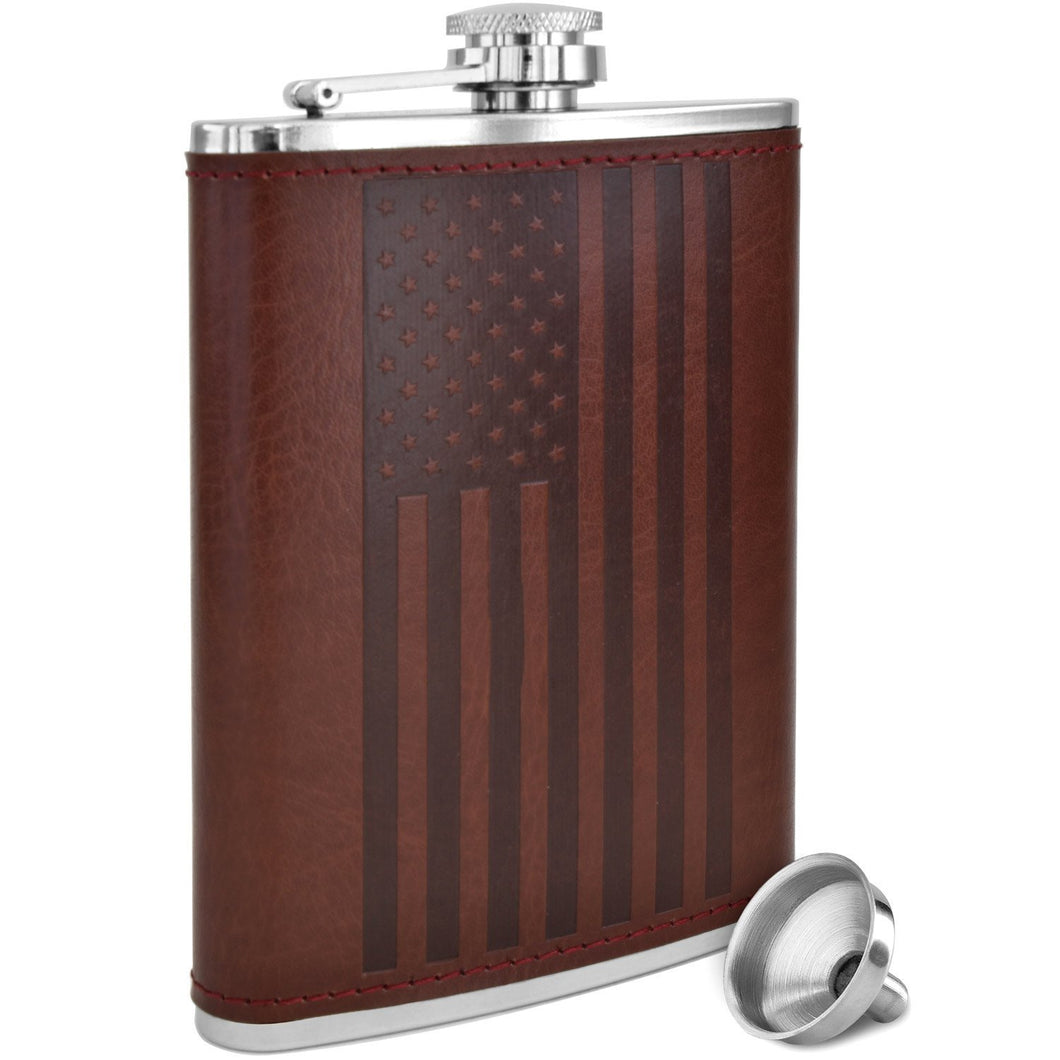 American Flag Design - Brown Soft Touch Leather Wrap, Classic USA, Hip Flask | 304 Stainless Steel | Leak Proof with Bonus Funnel (Flag Design 8 ounce capacity)