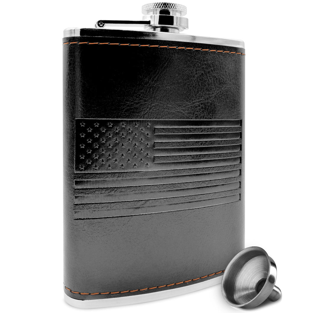 Premium Black American Flag Flask - Soft Touch Wrap | 18/8 304 Highest Food Grade Stainless Steel | Leak Proof - Liquor, Whiskey Hip Flasks | Includes Bonus Funnel (USA 8 oz Black)