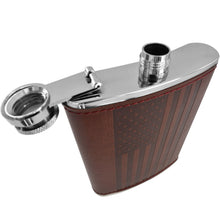 American Flag Design - Brown Soft Touch Leather Wrap, Classic USA, Hip Flask | 304 Stainless Steel | Leak Proof with Bonus Funnel (Flag Design 8 ounce capacity)