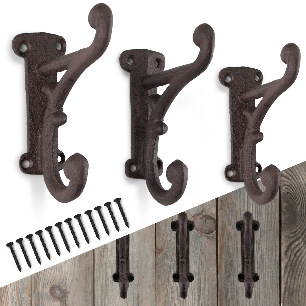 Large 4.5 inch, Antique Brown, (Set of 3 with Screws) Distressed, Cast Iron, Strong Wall Mounted Hooks | Vintage | Modern Farmhouse | Coats, Bags, Hats, Towels, etc. | My Fancy Farmhouse (Brown)