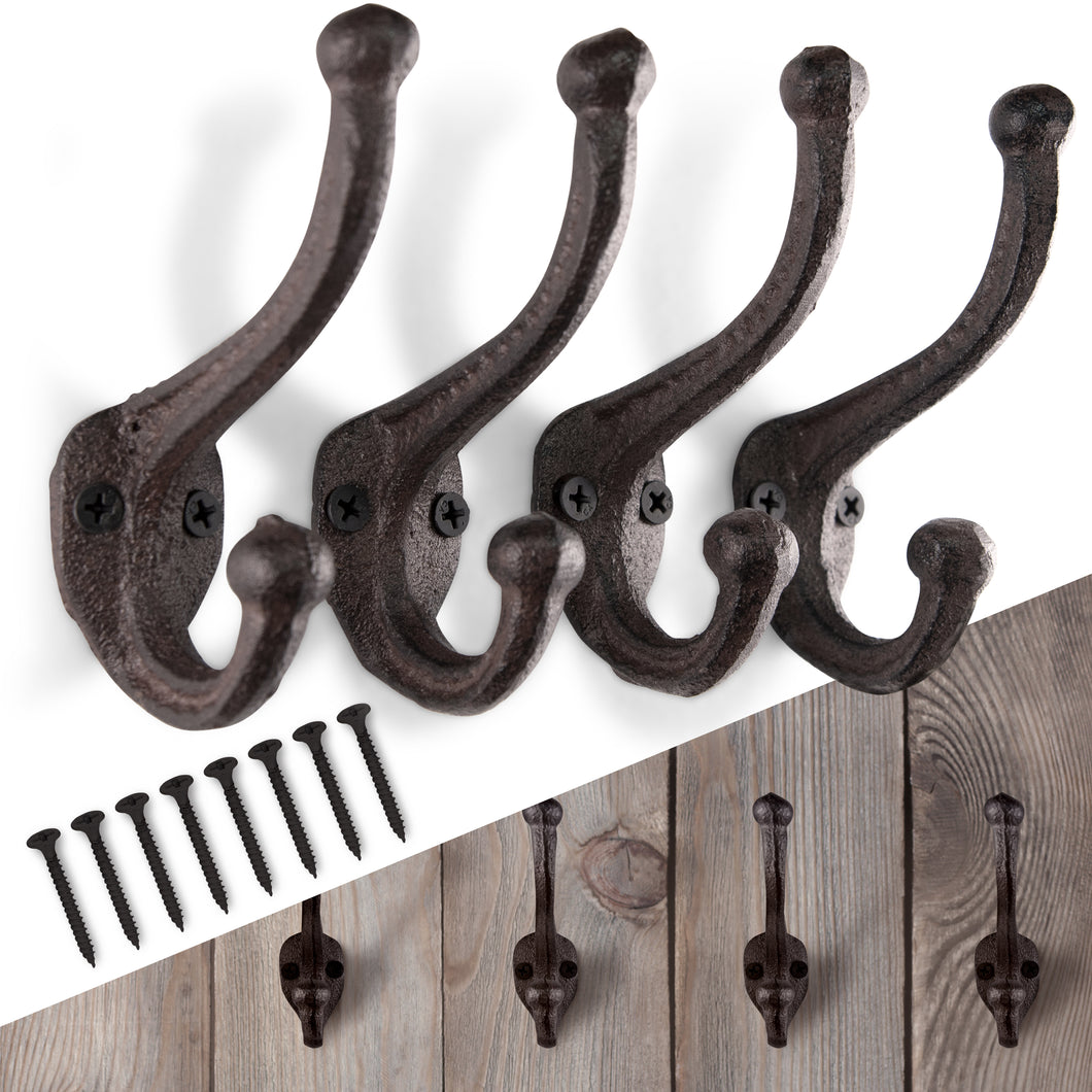 Rustic Wall Hooks for Hanging (4 Pack) Heavy Duty, Cast Iron, Black Coat Hooks for Hanging Coats - Decorative, Farmhouse Wall Hooks for Bags, Hats, Towels (Black and Brown Patina w/Hardware)