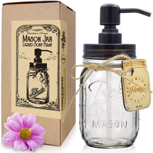 Premium Home Quality Premium Stainless Steel Mason Jar Soap Pump or Lotion Dispenser Includes Iconic, Vintage “Ball” (Regular Mouth) Glass Jar (16 oz - Standard Pump, Oil Rubbed Bronze)
