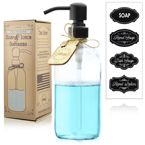 Premium Rust Resistant, 18/8 Stainless Steel, Liquid Hand Soap Pump or Lotion Dispenser - Vintage Inspired, Boston Round Clear Glass Bottle with Bonus Waterproof Chalk Labels (16oz, Clear Glass, Black Pump)