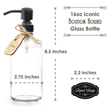 Premium Rust Resistant, 18/8 Stainless Steel, Liquid Hand Soap Pump or Lotion Dispenser - Vintage Inspired, Boston Round Clear Glass Bottle with Bonus Waterproof Chalk Labels (16oz, Clear Glass, Black Pump)