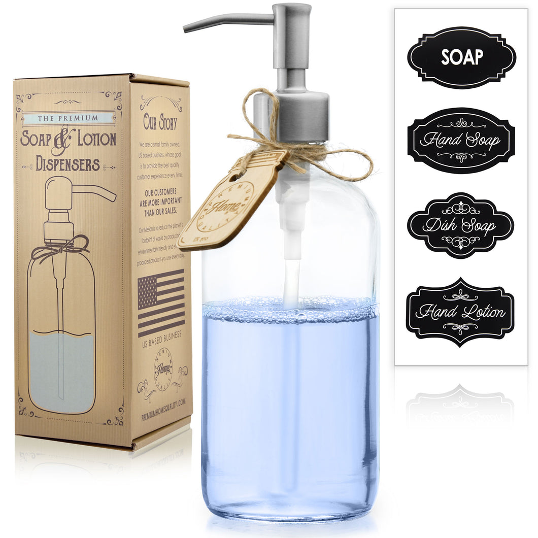 Premium Rust Resistant Stainless Steel, Liquid Hand Soap Pump or Lotion Dispenser - Vintage Inspired, Boston Round, Glass Bottle - Includes Waterproof Chalk Labels (16oz, Farmhouse Silver)
