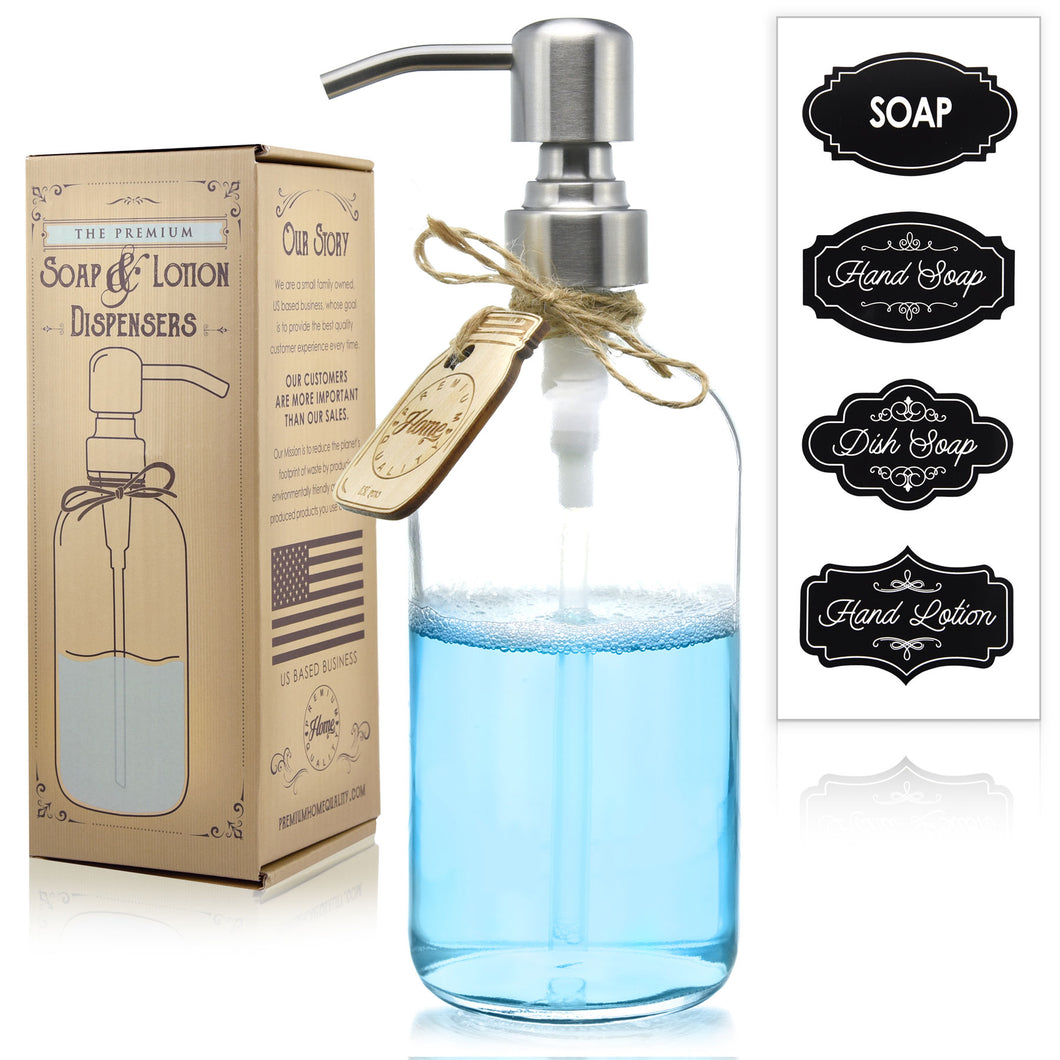 Premium 18/8 Stainless Steel, Liquid Hand Soap Pump or Lotion Dispenser - Vintage Inspired, Boston Round Clear Thick Glass Bottle with Bonus Waterproof Chalk Labels (16oz, Silver Pump)