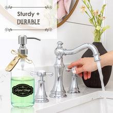 Premium 18/8 Stainless Steel, Liquid Hand Soap Pump or Lotion Dispenser - Vintage Inspired, Boston Round Clear Thick Glass Bottle with Bonus Waterproof Chalk Labels (16oz, Silver Pump)