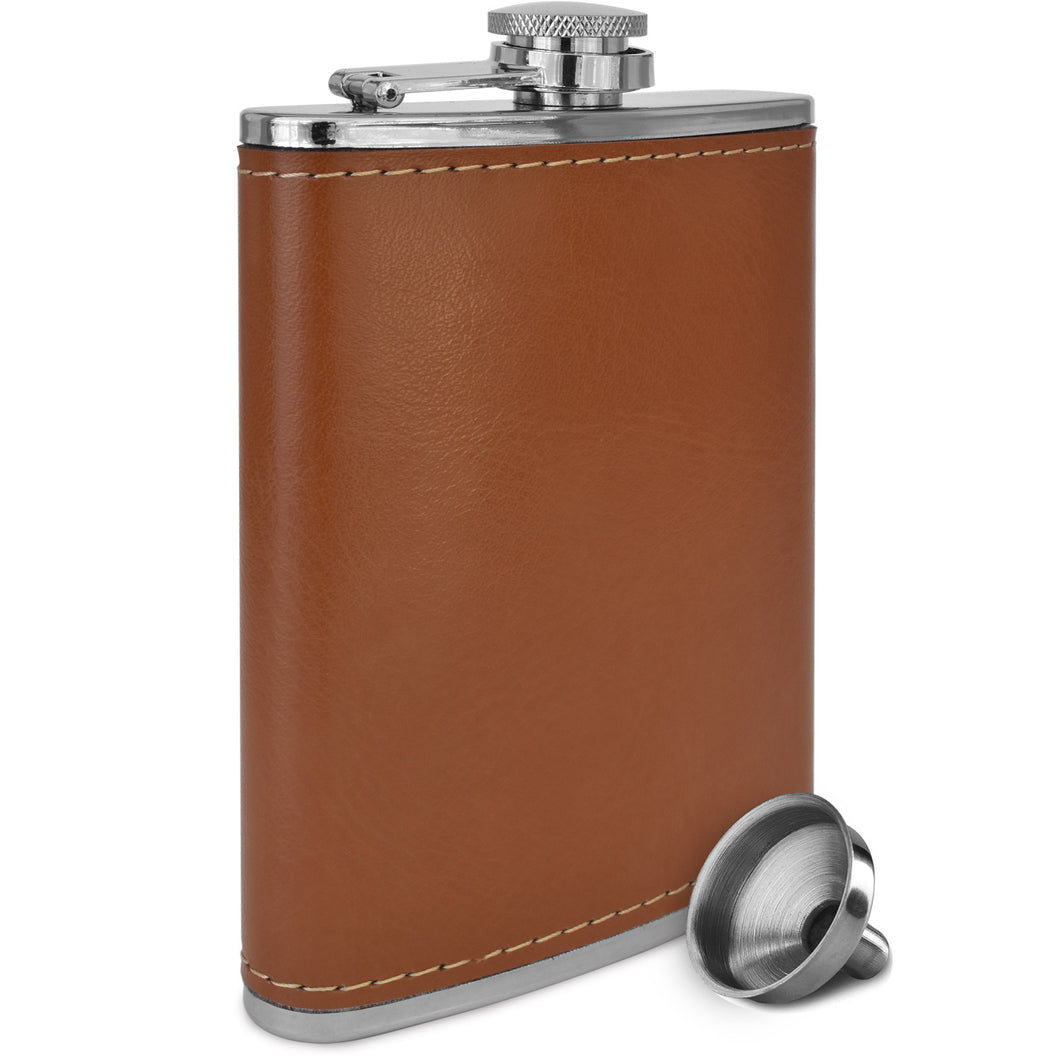 Brown Soft Touch Leather Wrap Outdoor Adventure Flask 304 Stainless Steel - Leak Proof - Liquor Hip Flask - Includes Bonus Funnel (8 ounce capacity)