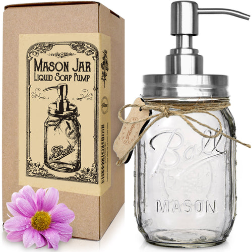Rust Resistant, 304 18/8 Stainless Steel, Mason Jar Soap or Lotion Dispenser with Iconic Vintage Ball, 16 Ounce (Clear Glass)